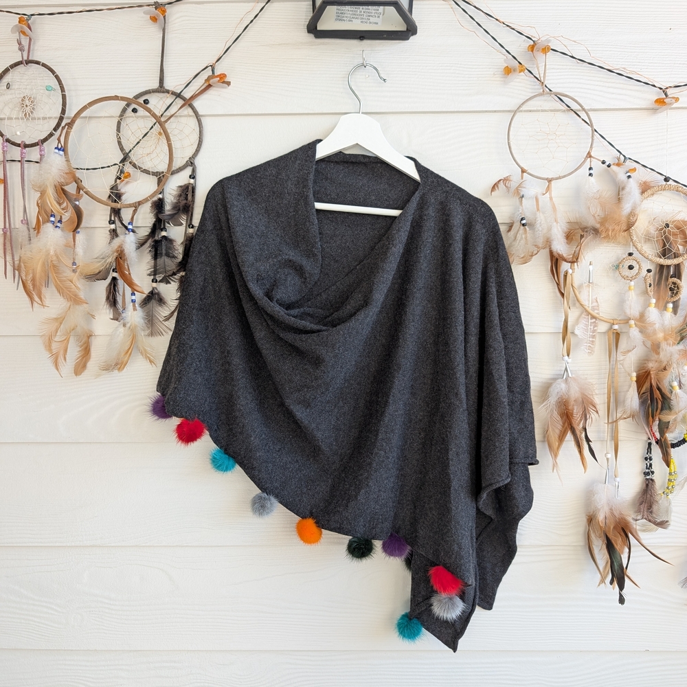InCashmere Mink Fur Poms Grey Topper Poncho